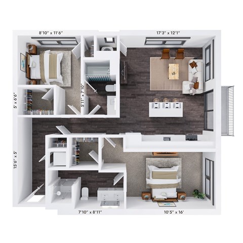 Floor plan for 2 beds, 2 baths, 1206 sqft